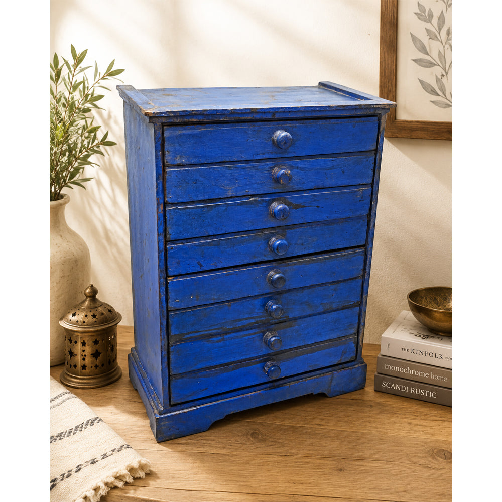Handcrafted Wooden Storage Drawer – Blue Rustic Antique Finish with Multiple Drawers - 2026082517UNQ