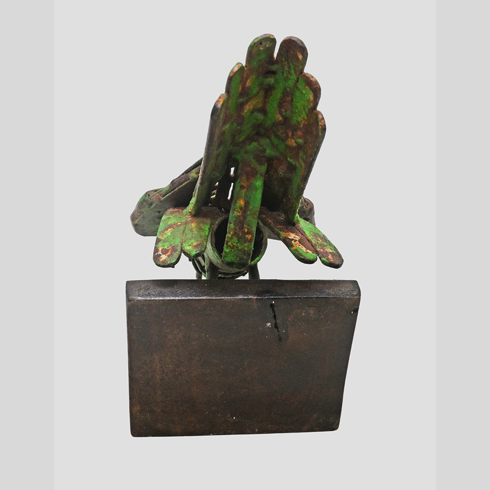 Green antique iron bird figurine, alternate view
