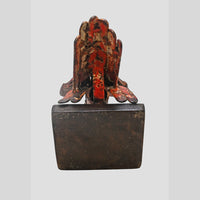 Red antique iron bird figurine, alternate view