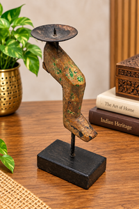 Rustic wooden and iron candle holder with curved stem and rectangular base, front view