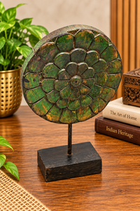 Green antique finish wooden floral medallion on stand, front view
