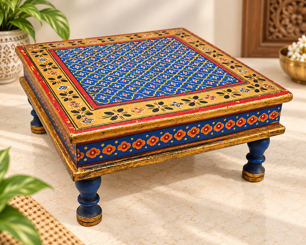 Hand-painted wooden Bajot Chowki with colorful floral patterns, front view