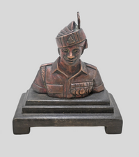Brass soldier bust statue, angled view