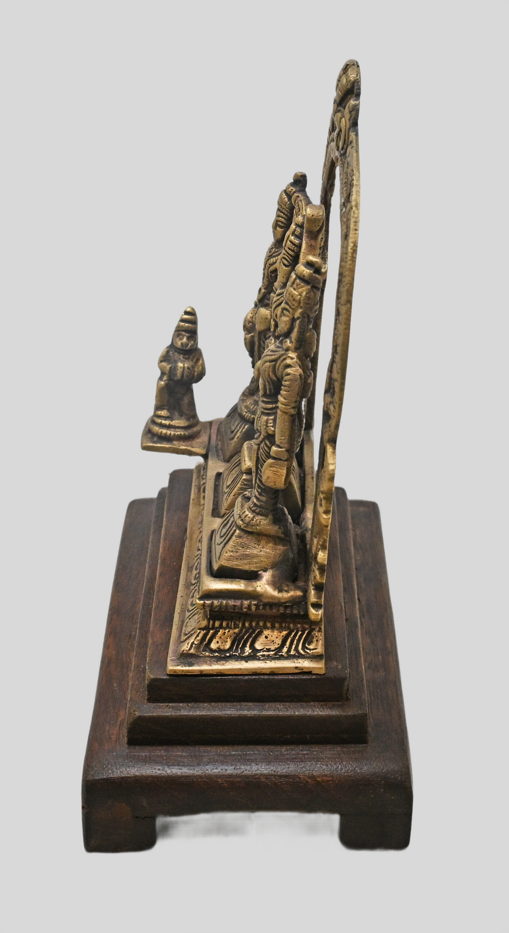Close-up of figures and details on brass Ram Darbar sculpture