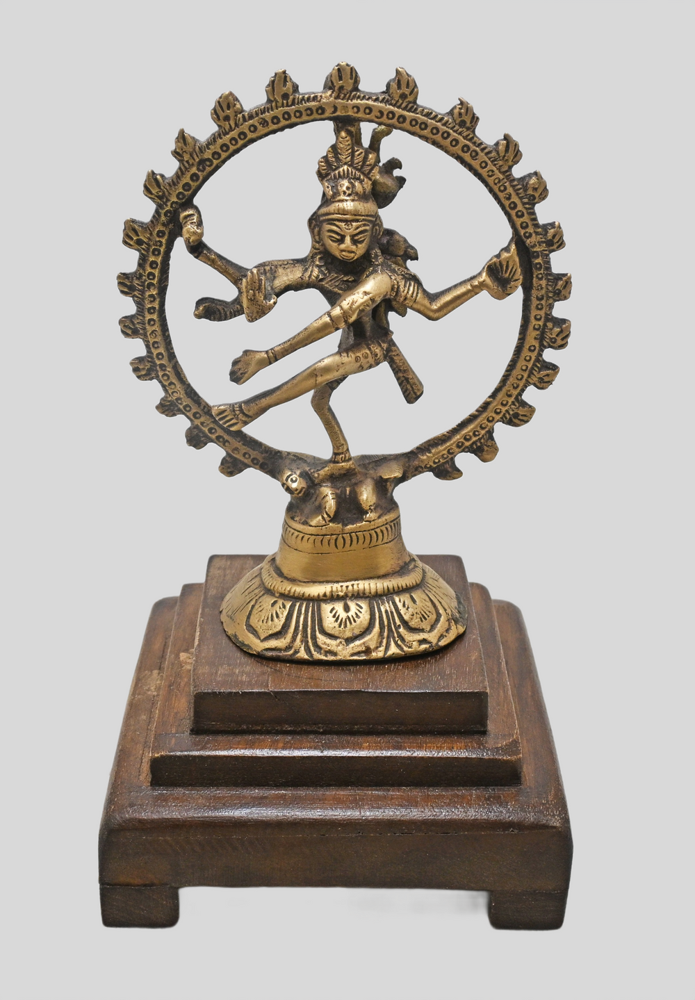Brass Nataraja statue with circular Prabhamandala, angled view