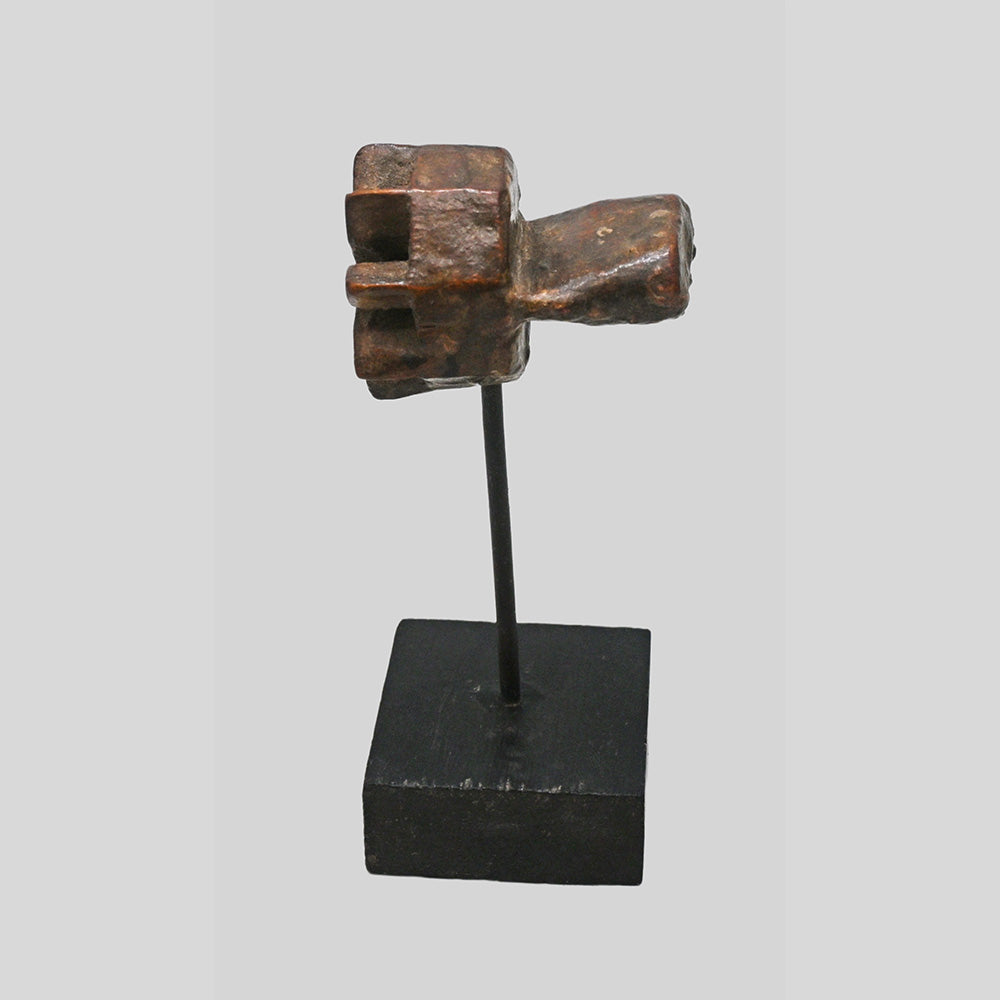 Side view of floral star textile printing block and wooden stand