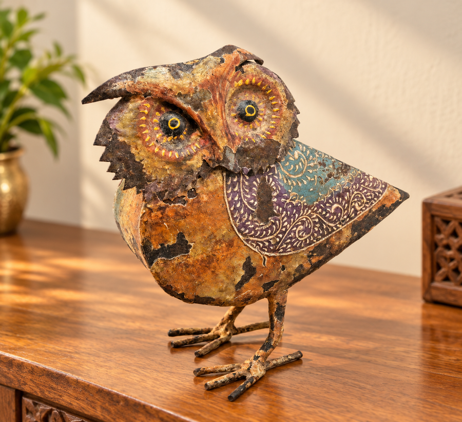 Hand-painted iron owl figurine with antique finish, front view