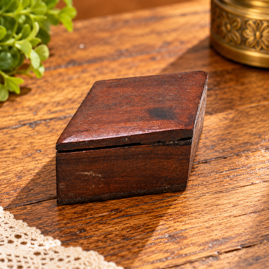 Dark brown antique finish wooden trinket box, front view