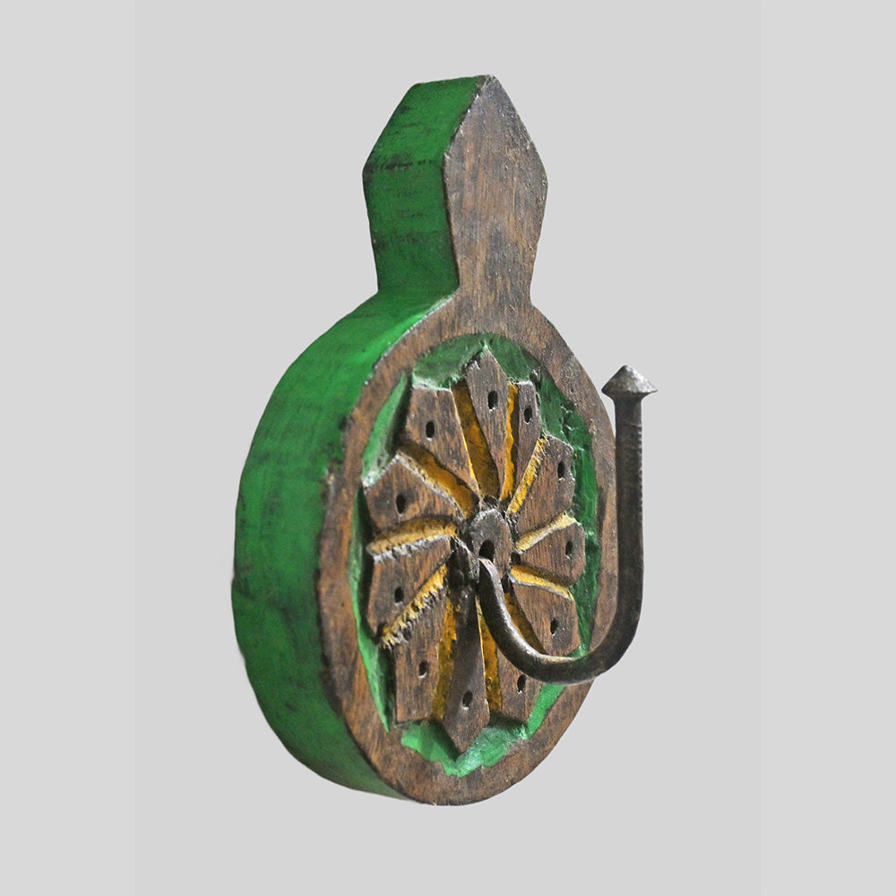 Wooden wall hook with iron hanger, angled view