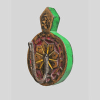 Green hand-painted wooden wall hanger, side view