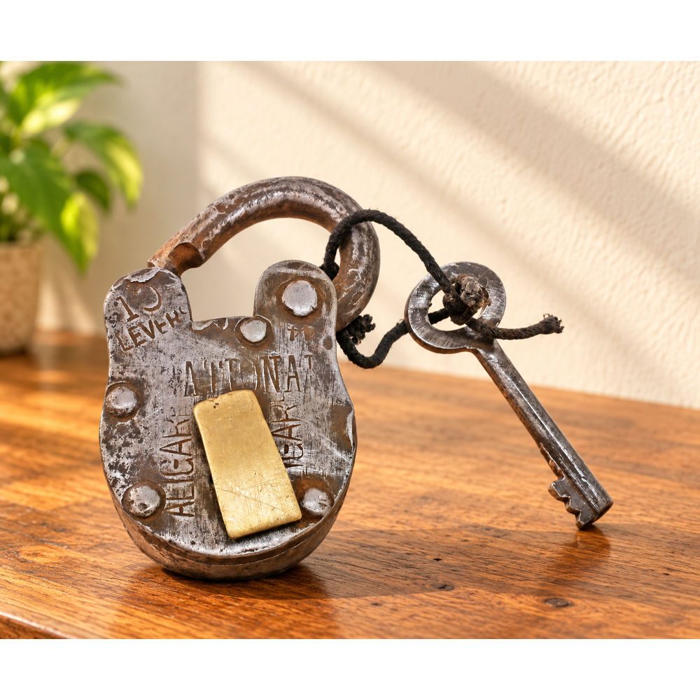 antique 10-lever iron padlock with original key, front view