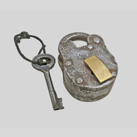 antique 10-lever iron padlock with original key, alternate angle