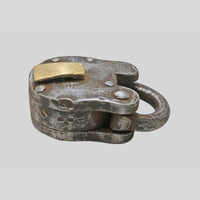 antique 10-lever iron padlock with original key, side view