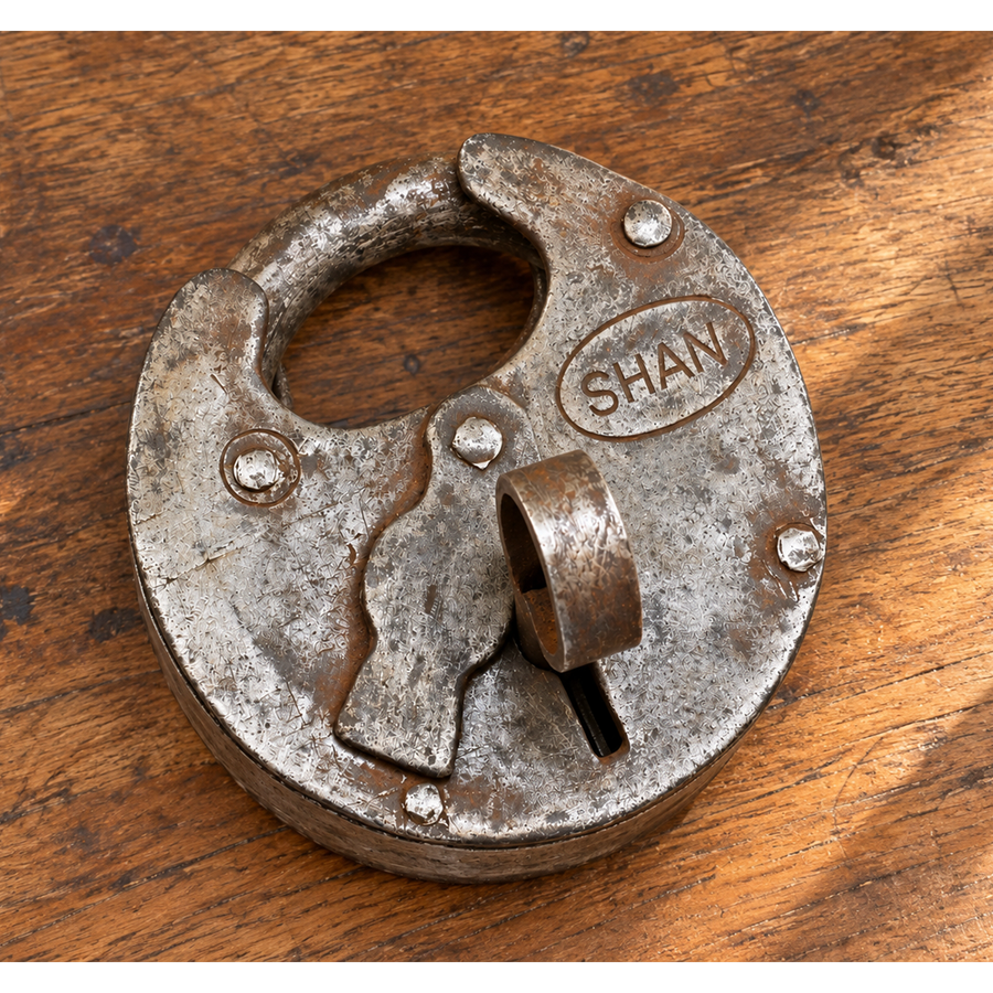 antique Aligarh iron padlock with original key, front view