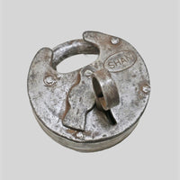 antique Aligarh iron padlock with original key, alternate angle