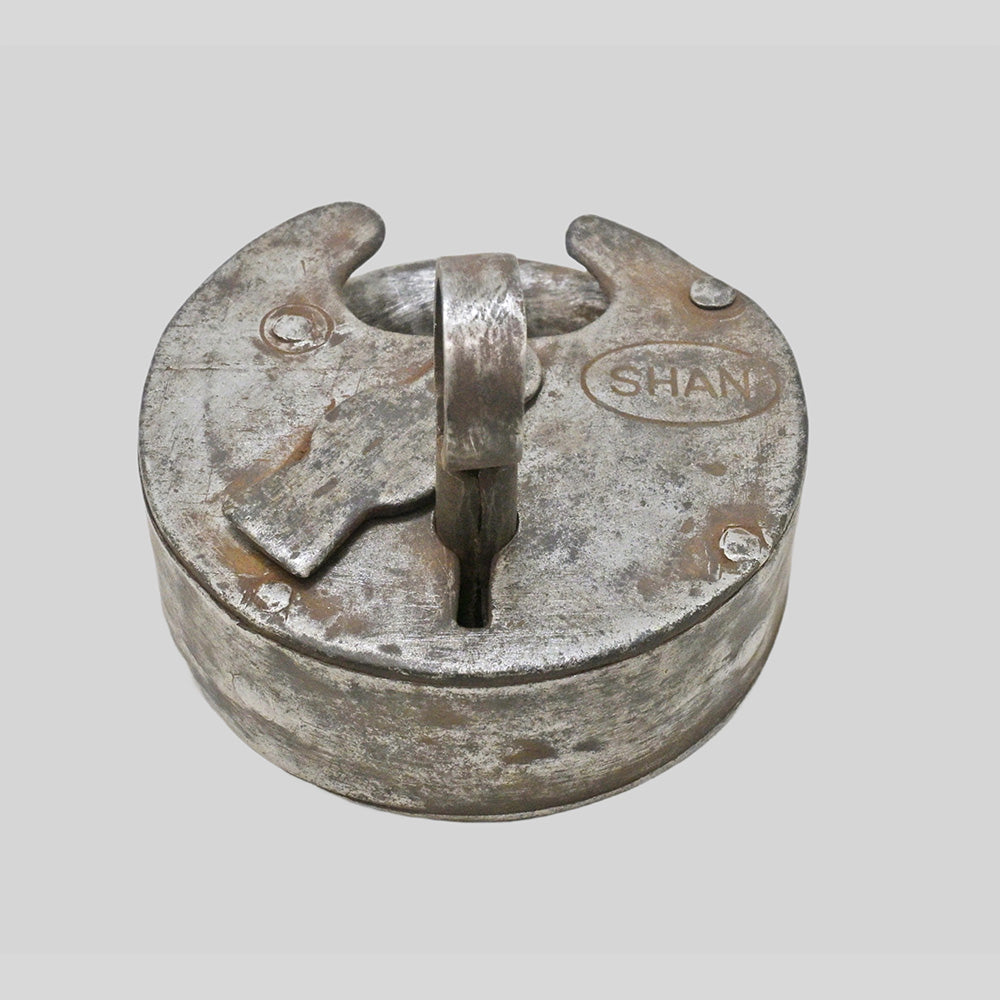 antique Aligarh iron padlock with original key, additional angle