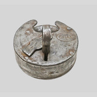 antique Aligarh iron padlock with original key, additional angle