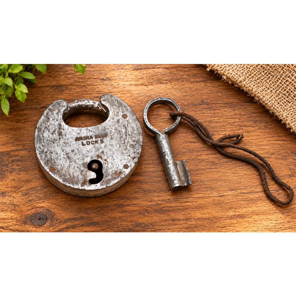 antique Aligarh-style iron padlock with key, front view
