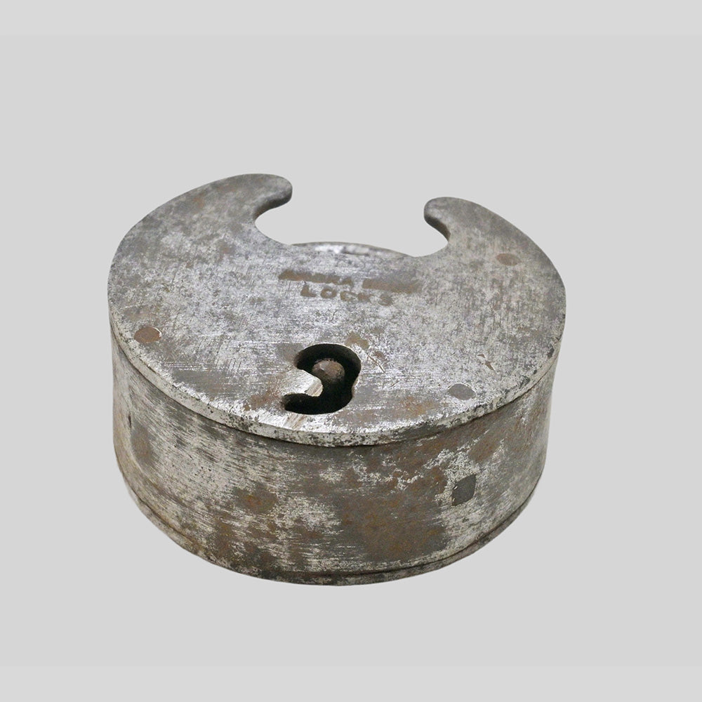 antique Aligarh-style iron padlock with key, additional angle