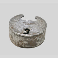 antique Aligarh-style iron padlock with key, additional angle