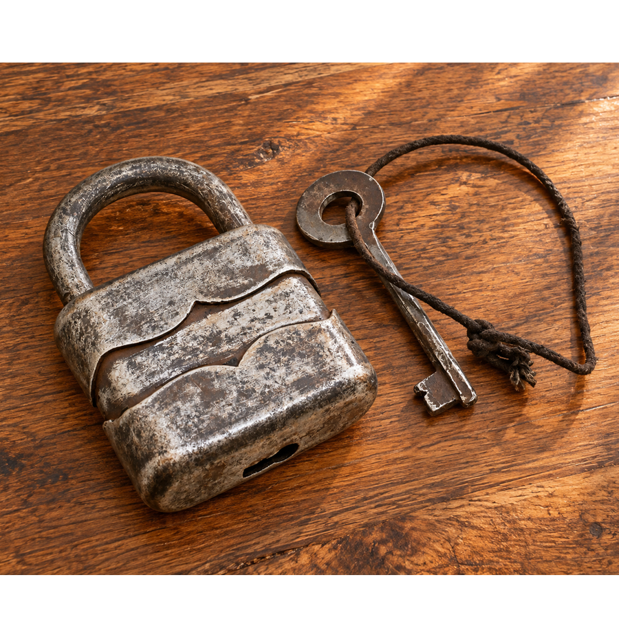 antique German iron padlock with key and rustic finish, front view