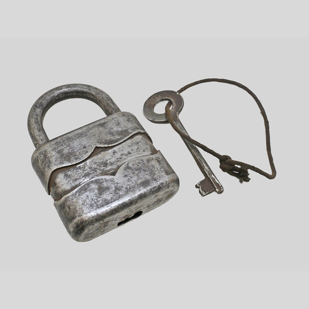 antique German iron padlock with key and rustic finish, alternate angle