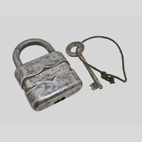 antique German iron padlock with key and rustic finish, alternate angle