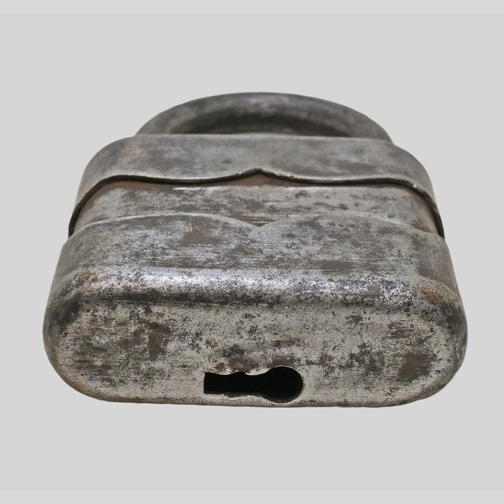 antique German iron padlock with key and rustic finish, additional angle