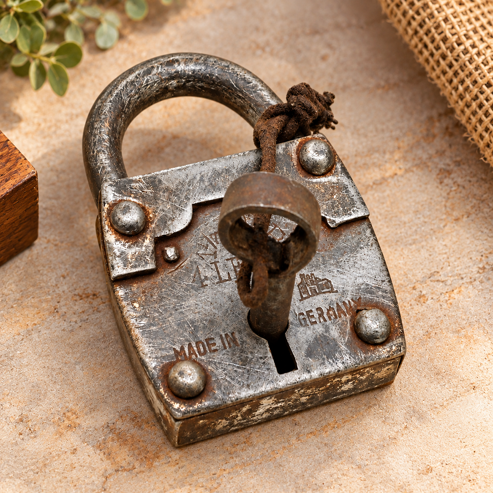 antique four-lever iron padlock with matching key, front view