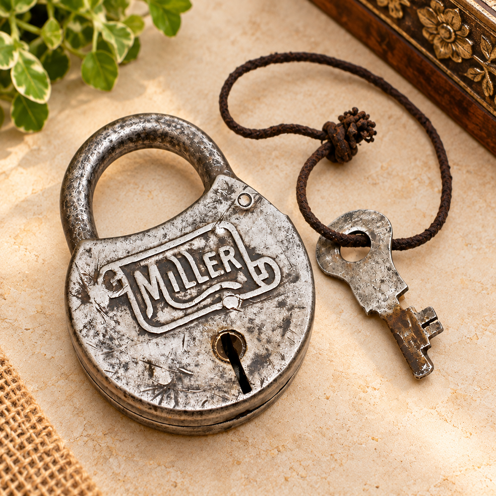 antique round iron padlock with silver finish and key, front view