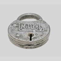 antique round iron padlock with silver finish and key, additional angle