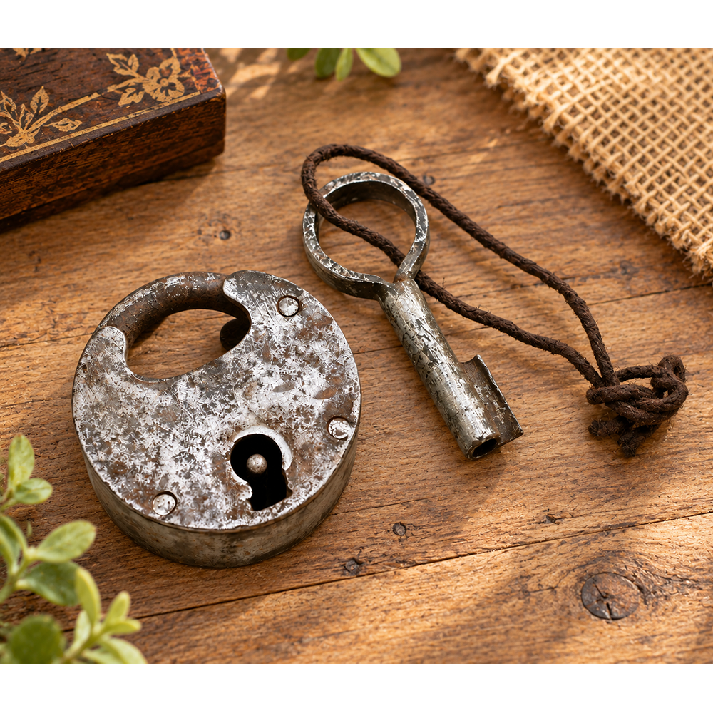 antique iron padlock with original key, front view