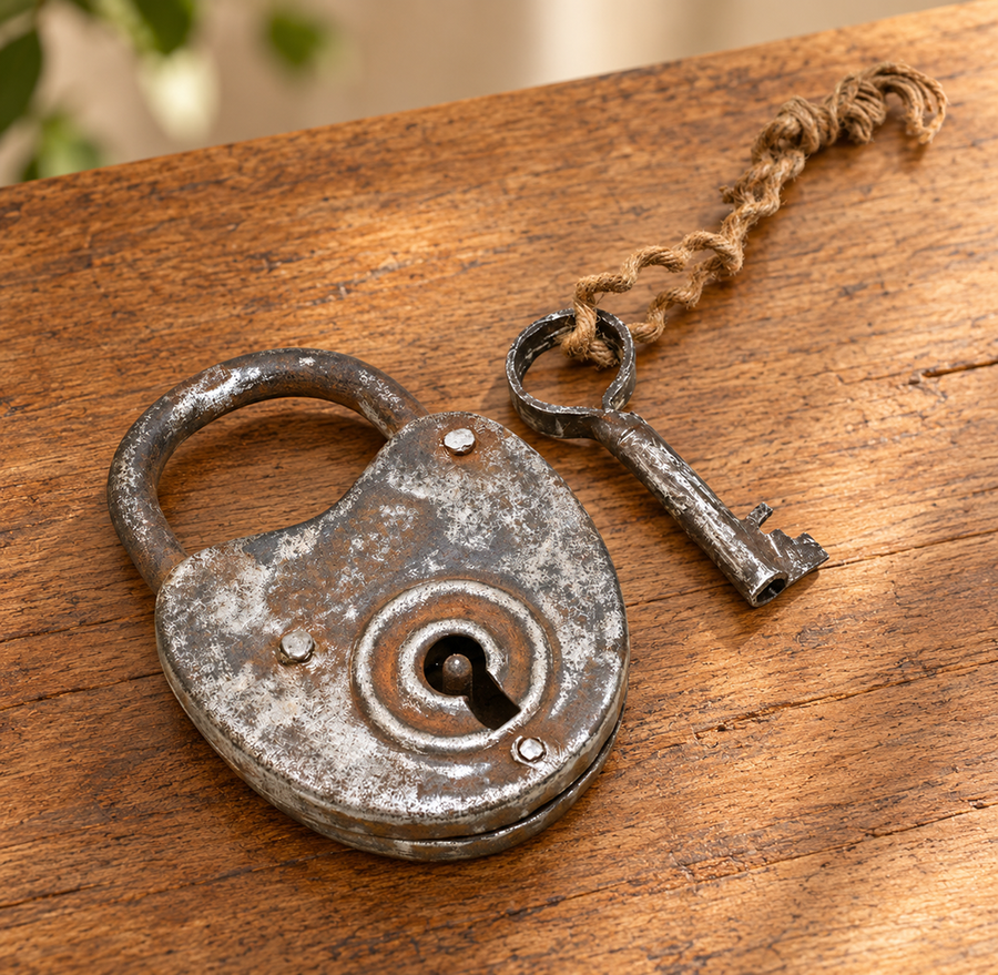 antique Aligarh iron padlock with key, front view
