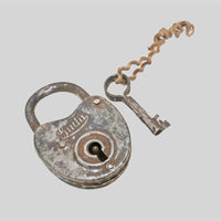 antique Aligarh iron padlock with key, alternate angle