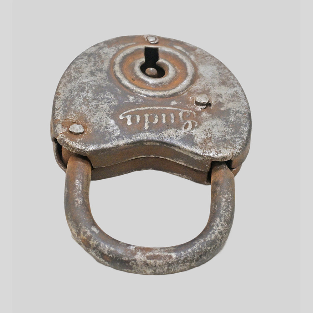 antique Aligarh iron padlock with key, finish detail