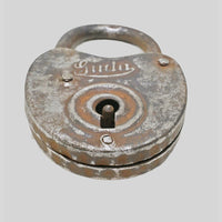 antique Aligarh iron padlock with key, additional angle