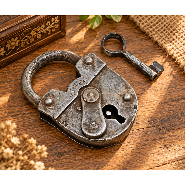 antique iron 2 Touren padlock with key, front view