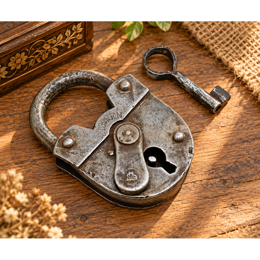 antique iron 2 Touren padlock with key, front view