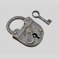 antique iron 2 Touren padlock with key, alternate angle