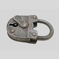 antique iron 2 Touren padlock with key, side view