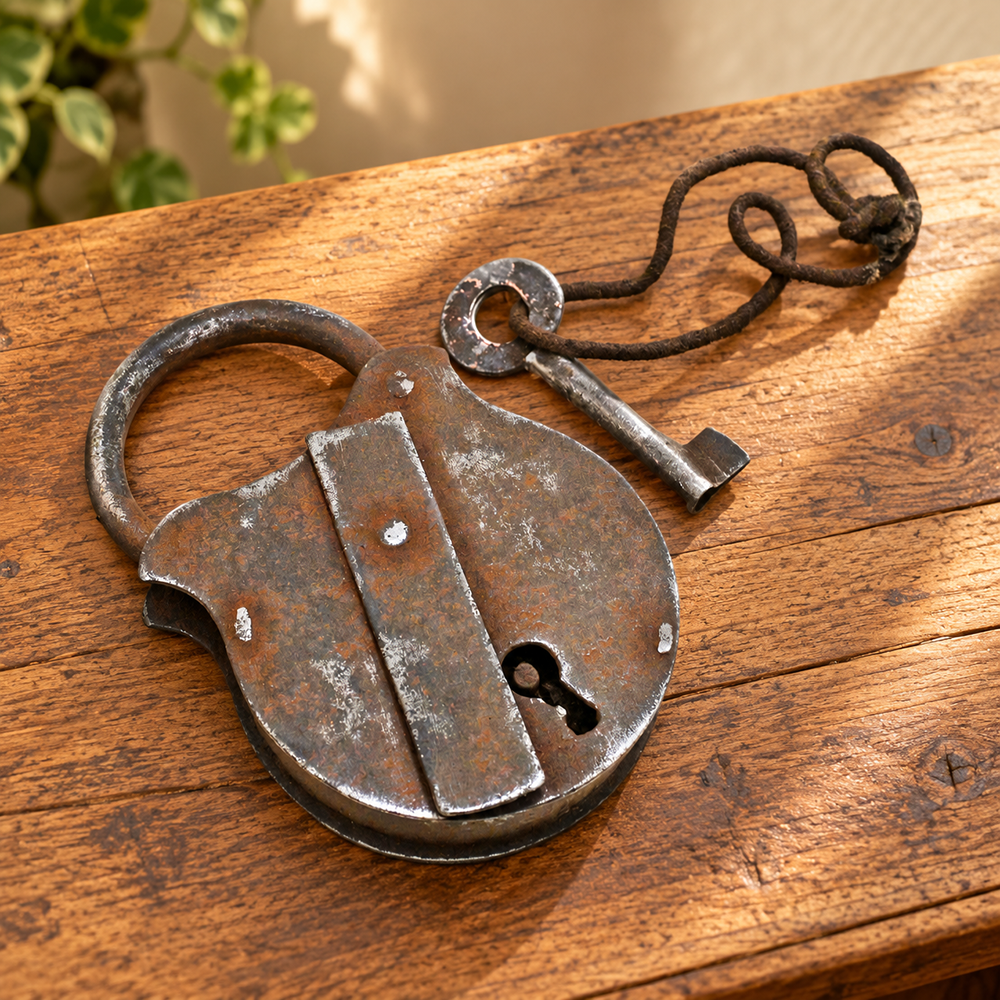 antique Aligarh iron padlock with key, front view