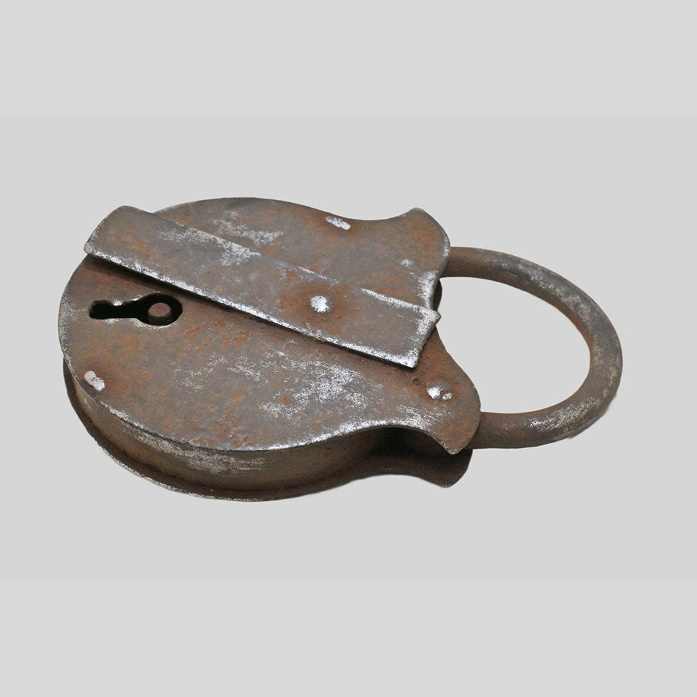 antique Aligarh iron padlock with key, side view