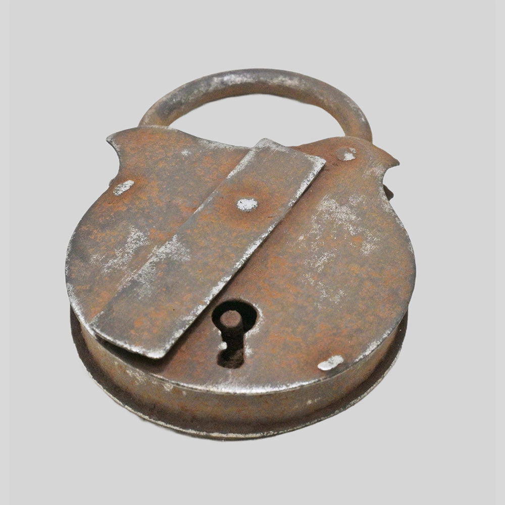 antique Aligarh iron padlock with key, additional angle