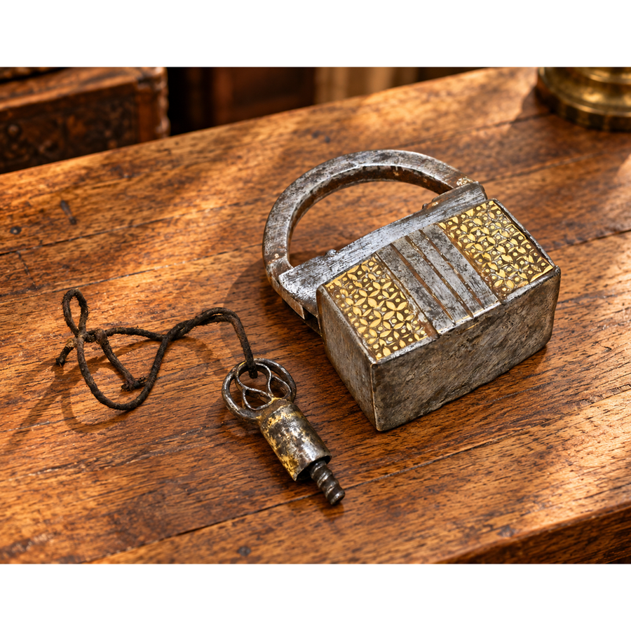 Vintage iron spring padlock with brass geometric inlay and key, front view