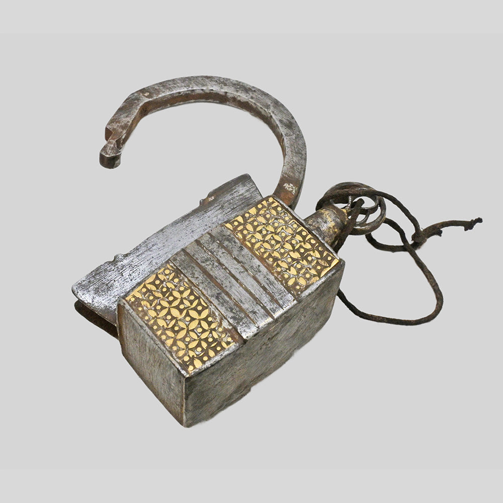 Hand-forged iron spring padlock with aged finish