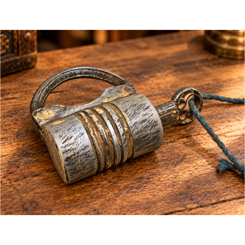 antique gold-tone ribbed metal padlock with original key, front view
