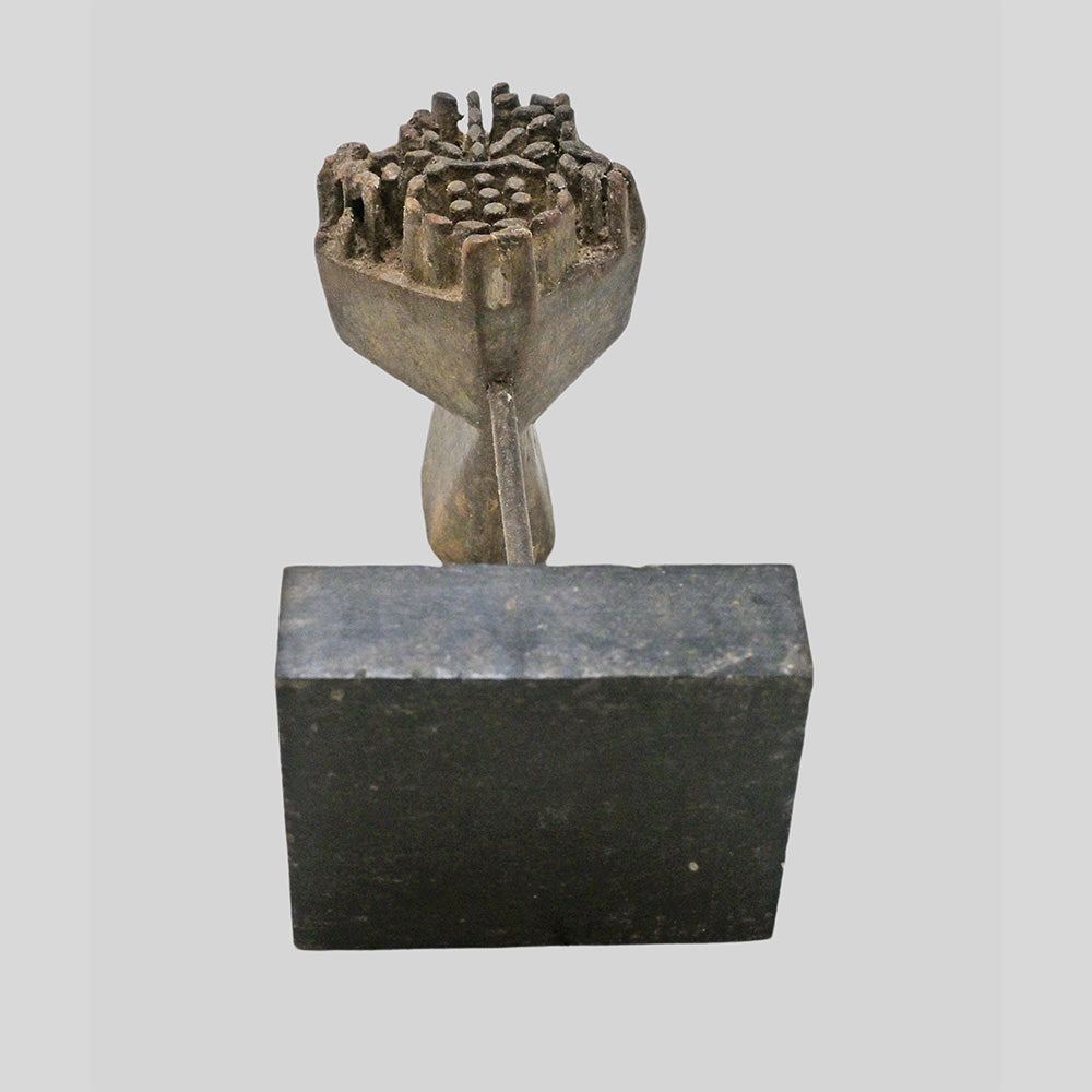 Antique textile printing block and stand, alternate view