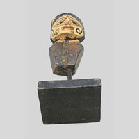 Hand-painted wooden queen bust on stand, detail view