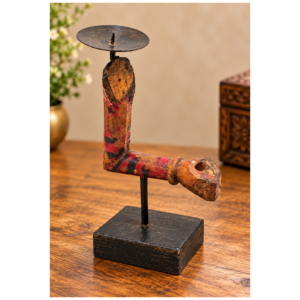 Hand-painted wooden folk art candle holder, front view