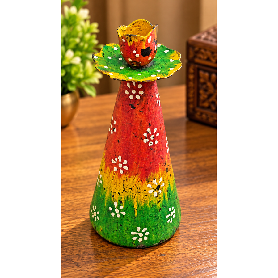 Hand-painted iron Christmas tree candle holder, front view